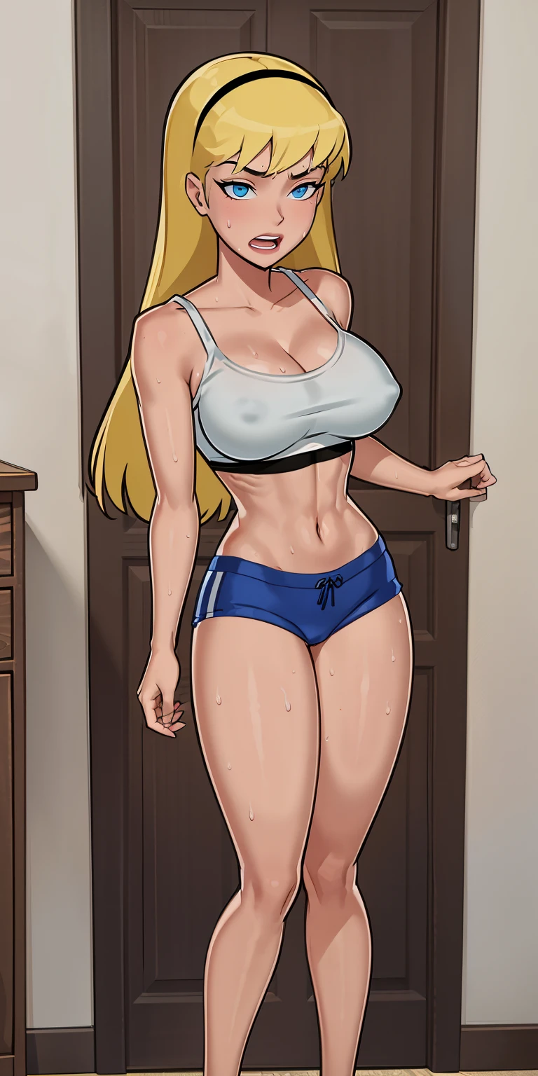 (masterpiece, best quality:1.2), Supergirl something unlimited, 1girl, breasts, blond hair, shorts, cleavage, long hair, solo, navel, dolphin shorts, looking at viewer, doorway,  long hair, black shorts, blush, short shorts, open mouth, blue eyes, midriff, sweat, collarbone, thighs, huge breasts, bare shoulders, bangs, door, camisole, parted bangs, large breasts, cowboy shot, standing, tank top, crop top, white camisole, white tank top, spaghetti strap, breath, indoors, opening door, arm behind back, open door