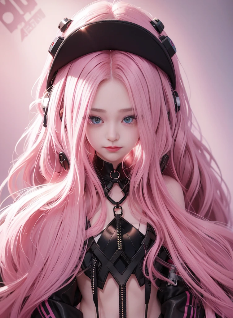 Pink Long Hair,Nice face,Black suspender bikini,Heterochromatic pupil,ssmile,apathy,比基尼,Full body photo,the soft light,Earphone