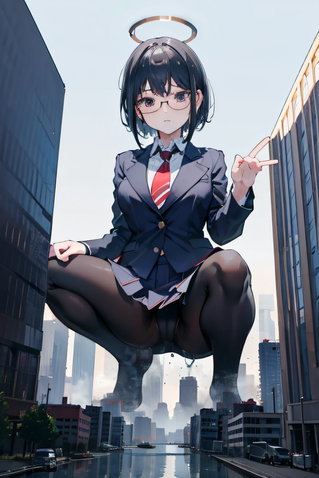 giantess art, a hyperrealistic schoolgirl, , highly detailed giantess shot, der riese, Shorthair, Black pantyhose, Giant high school girl much bigger than a skyscraper。Wearing rimless glasses。Colossal tits。Navy blue blazer、Red tie、Mini Length Skirt、Black pantyhose、I'm not wearing shoes.。very small metropolis。miniature metropolis。In a miniature metropolis just a few feet tall.、squatting and urinating。The city sinks into a sea of urine。Full body depiction。gigagts, der riese, Black pantyhose, Pantyhose legs, Pantyhose feet, ,crash city,Small town,micro city, Peeing, pee,