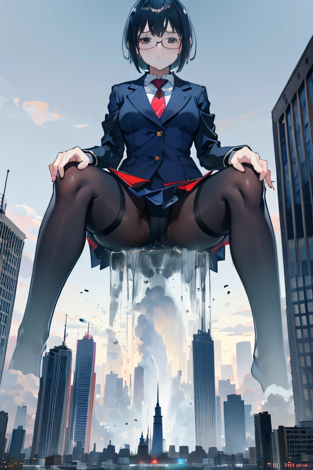 giantess art, a hyperrealistic schoolgirl, , highly detailed giantess shot, der riese, Shorthair, Black pantyhose, Giant high school girl much bigger than a skyscraper。Wearing rimless glasses。Colossal tits。Navy blue blazer、Red tie、Mini Length Skirt、Black pantyhose、I'm not wearing shoes.。very small metropolis。miniature metropolis。In a miniature metropolis just a few feet tall.、squatting and urinating。The city sinks into a sea of urine。Full body depiction。gigagts, der riese, Black pantyhose, Pantyhose legs, Pantyhose feet, ,crash city,Small town,micro city, Peeing, pee,