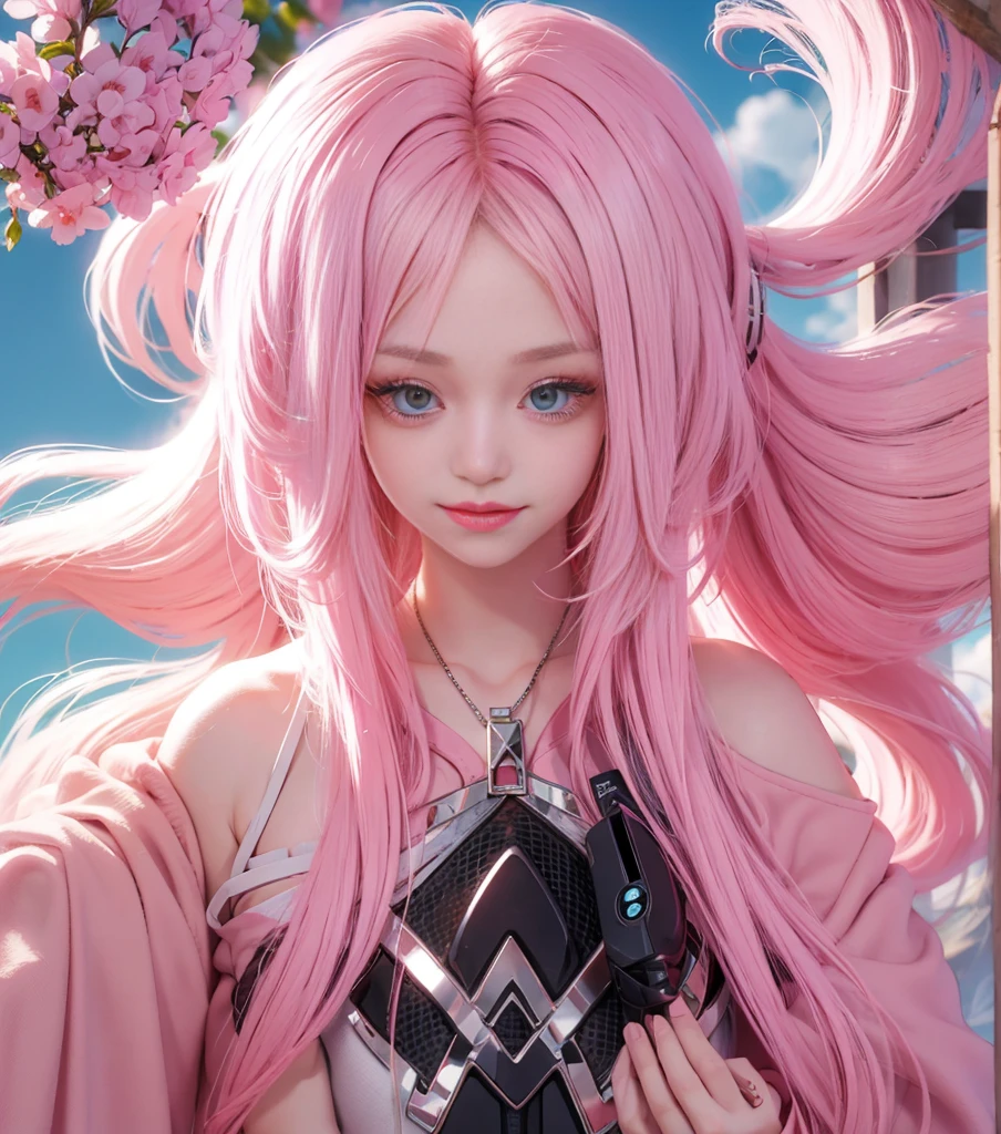 ((best qualtiy)), ((tmasterpiece)), (detail:1.4), Beautiful cyberpunk female images,hdr(HighDynamicRange),Ray traching,NVIDIA RTX,Hyper-Resolution,illusory 5,sub surface scattering,PBR textures,post-proces,Anisotropy Filtering,depth of fields,maximum definition and sharpness,Many-Layer Textures,Albedo e mapas Speculares,Surface coloring,Mitsu-Accurate simulation of material interactions,perfectly proportioned,rendering by octane,Two-colored light,largeaperture,Low ISO,White balance,Rule three points、8K raw data、Beautiful bright blue pupils,off-the-shoulder clothes,Fine pupils,Delicate face and eyes,long eyelasher,Blushlush,Delicate and fluffy hair,pink lip,Pure,Cute face,Sweet girl,Artistic sense,Casual wear,Advancedsense,butterflys,Cherry blossom petal,Beautiful hair accessories,Long hair and waist,Hair fluttering in the wind,Snow-white fox ears,curlies,Snow-white fluffy tail,Positive light,The light from the back window is backlighted