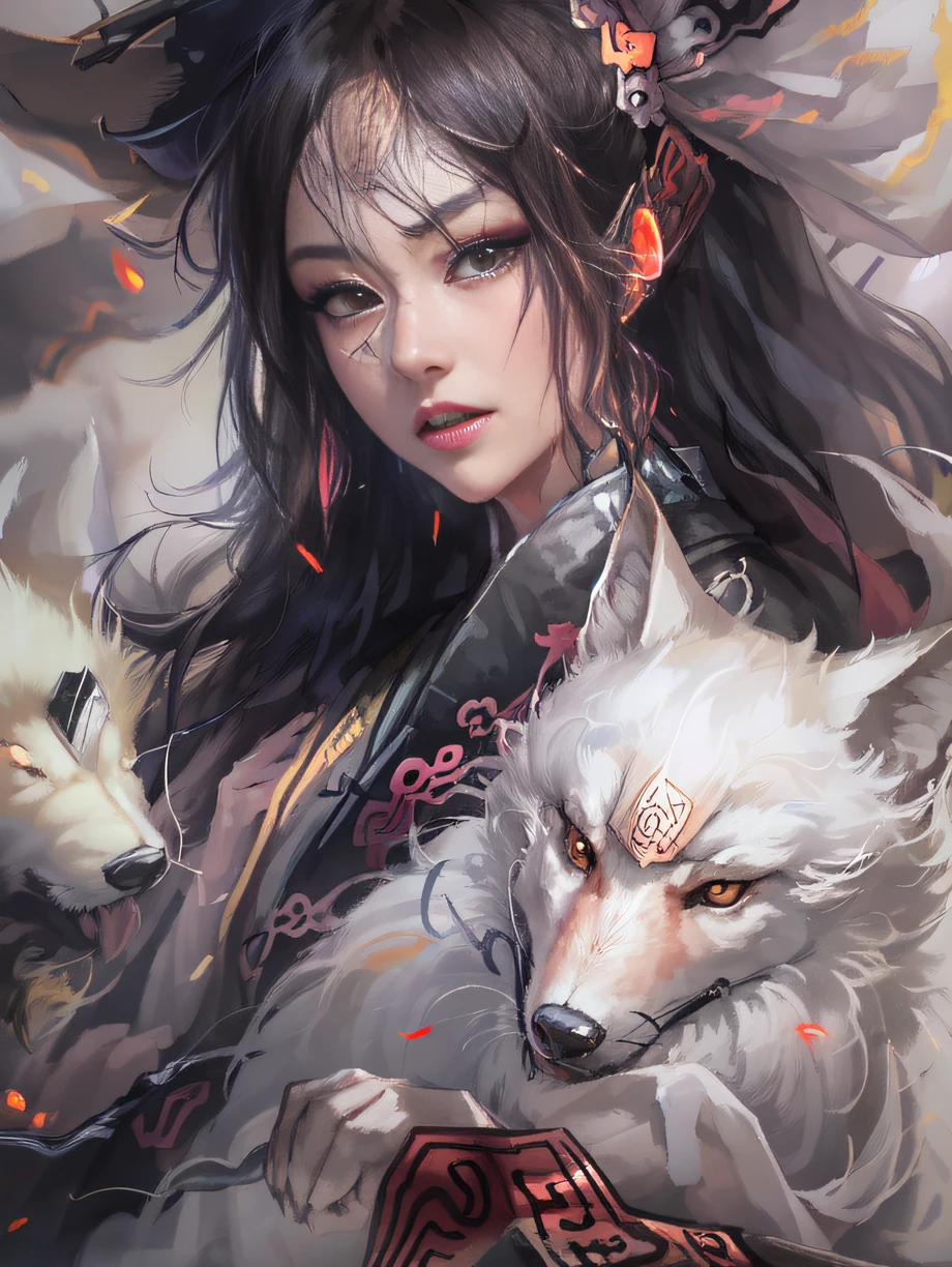 Extreme closeup, Epic ink bending shot, first person perspective, , Alone, Ancient Chinese dark-eyed girl，face to the viewer，There is a white fox behind，This girl has sharp eyes，Long hair flying behind her，Wearing an embroidered cheongsam，Taoist hand gesture，Contrasting color rendering