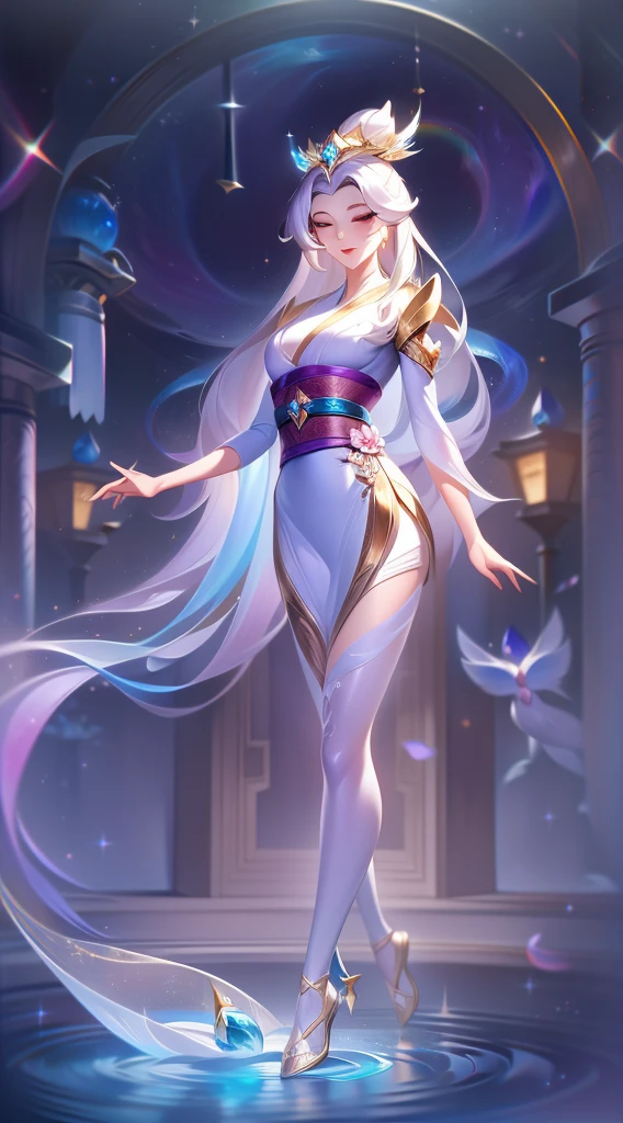 Charming "Spirit blooms" skin line, lux, Shiny Lady in League of Legends, undergoing a fascinating transformation. With her eyes closed her appearance retains the essence of her radiant beauty, But now she embodies the elegance of a fairy flower. Wearing an exquisite kimono-style robe,Made from moonlit petals,Shift between iridescent blue and soft lavender hues, Lux exudes an otherworldly aura. her exquisiteness, Milky white wings spread gracefully behind her, Gossamer wings like mythical butterflies. Decorated with ornate silver jewelry,Decorated with delicate cherry blossom pattern, Every movement she makes is accompanied by a glowing stardust. lux'S's eyes are shining with gentle light, Reflecting the twinkling stars in the night sky. Standing in a mysterious space,The moonlight bathed her in silver light, Twinkling fireflies dance playfully around her, adding a touch of magic to the scene. The whole atmosphere exudes tranquility, Evoke a sense of wonder and awe. ovum "Spirit blooms" Splash Art captures Lux’s quiet moments, as she unleashes her radiant power upon the world, The true embodiment of heavenly beauty and radiant elegance.
