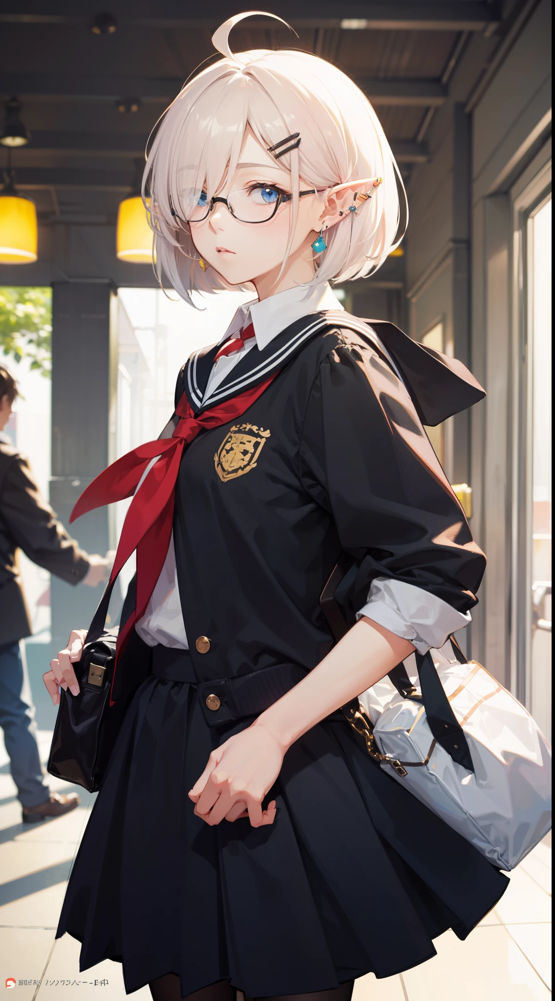 God quality, anime moe artstyle, badass anime 8k,perfect anatomy, (Please draw a elf girl walking sleepily to school. ),break, elf, 1girl, a high school student, white hair, ahoge, {{Messy hair}}, Bob cut hair, parted bangs,(hair over one eye), Full limbs, complete fingers, medium breasts, glasses, finely detailed beautiful blue eyes, hairclip, light pink lips, school Uniform, Various accessories, (ear piercing), in the School commute route, break,ultra-detailed, high resolution,super detailed skin, professional lighting, Cinematic lighting, (cute illustration:1.2), (depth of field:1.2), (blurry background:1.2), art style by Artgerm, by nine_(liuyuhao1992), by Yusuke Murata,