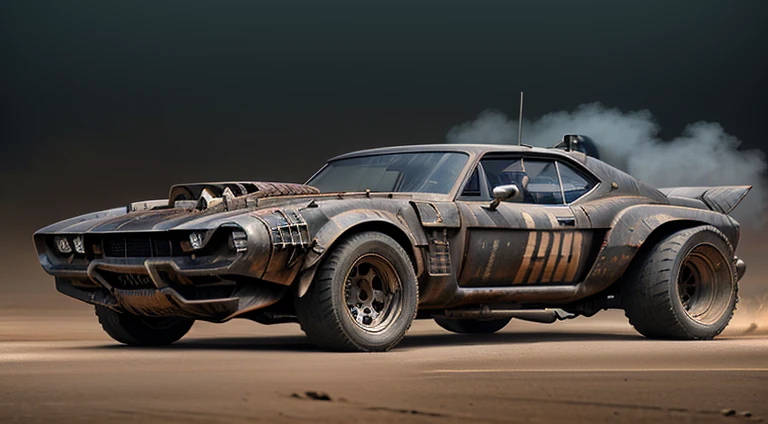 ((Mad Max style)), Old custom-built sport car, centered in the image, ((in the distance)), big wheels, hyper detailed, 8K