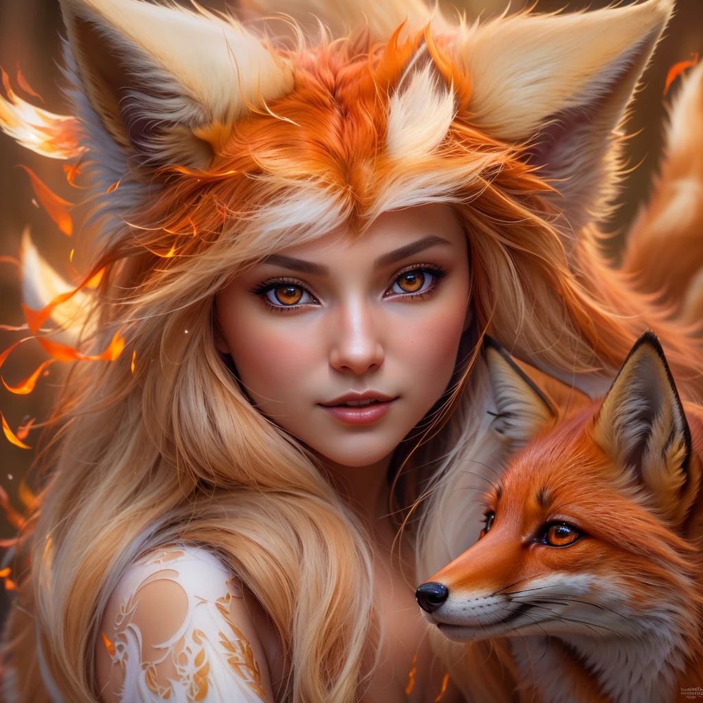 (best quality,4k,8k,highres,masterpiece:1.2),ultra-detailed,(realistic,photorealistic,photo-realistic:1.37),exquisite naked fox girl,ethereal eyes,fine facial features,golden locks flowing,graceful posture,soft fur,elusive tail,delicate paws,natural elegance,graceful movement,vibrant colors,portraits,dreamy ambiance,soft lighting,endless charm,fantasy elements,whimsical atmosphere,subtle shades of red and orange,playful glow,artistic representation,Fox Spirit