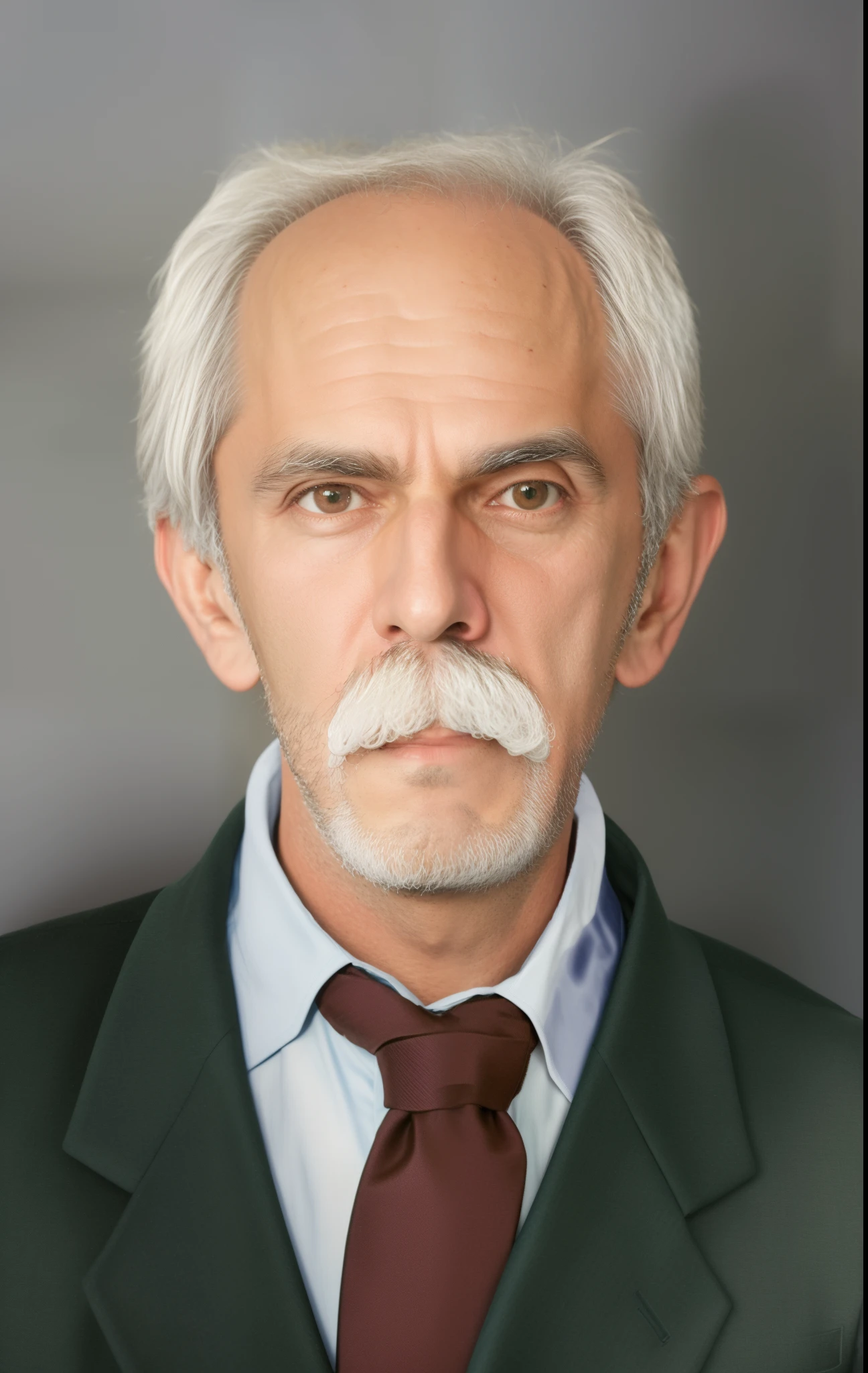 there is a man with a mustache and a suit jacket, Velho com bigode, rosto restaurado realista, inspired by László Eloquent, inspirado em Zbigniew Nowosadzki, inspired by József Borsos, inspirado em Heinrich Herzig, inspired by Stanisław Tondos, inspirado em Stanley Twardowicz