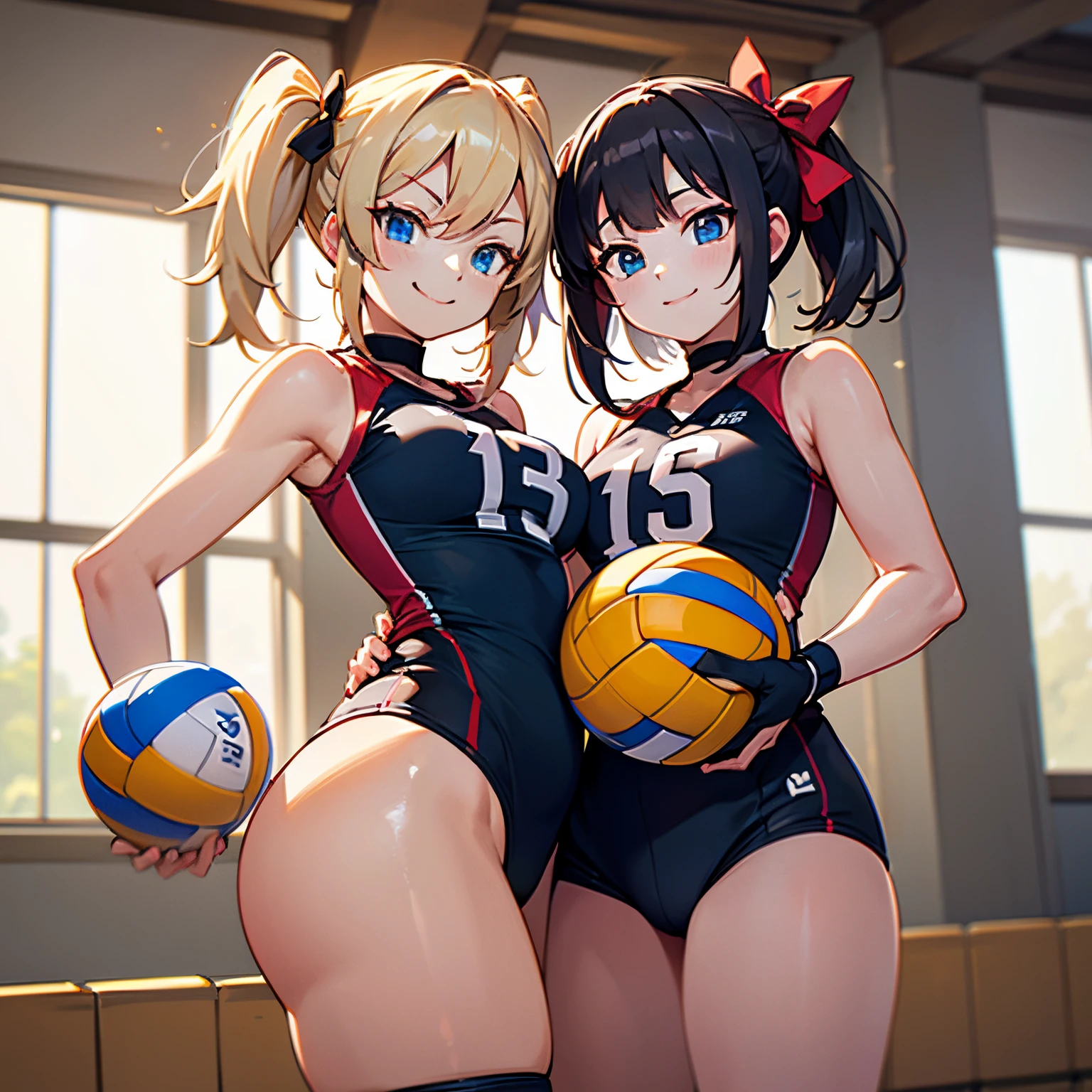 unity 8k wallpaper, anatomically correct, (((masterpiece))), (((best quality))), (((ultra detailed))), (((high-resolution))), ((super fine illustration)), ((Ultimate cutie)), detailed beautiful face, shiny hair, 18 years old, (potbelly), (curvy), , ((Thick thighs)), sleeveless volleyball uniform, ((buruma)), ((knee pad)), (elbow pad), ((hold volleyball)), ((hold a 6-inch volleyball)), cowboy shot, in volleyball court, in school gymnasium, 
BREAK, 2girls_A_and_B, A girl_have_{{blond twintails}}_{hair bow}_{{happy}}_{smile}, 
BREAK, B girl_have_{black short hair}_ {hair bow}_{{{smirk}}}