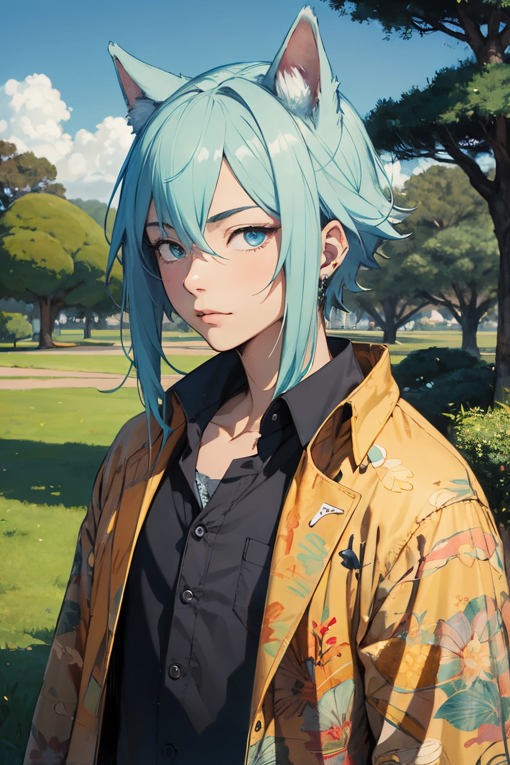 um gato usando um colar de anime, um colar longo e brincos, no estilo de paisagens de jardim tranquilas, animated color photos, Masami Teraoka, aquamarine, Paulo Gauguin, Estilo Embry, retrato honesto