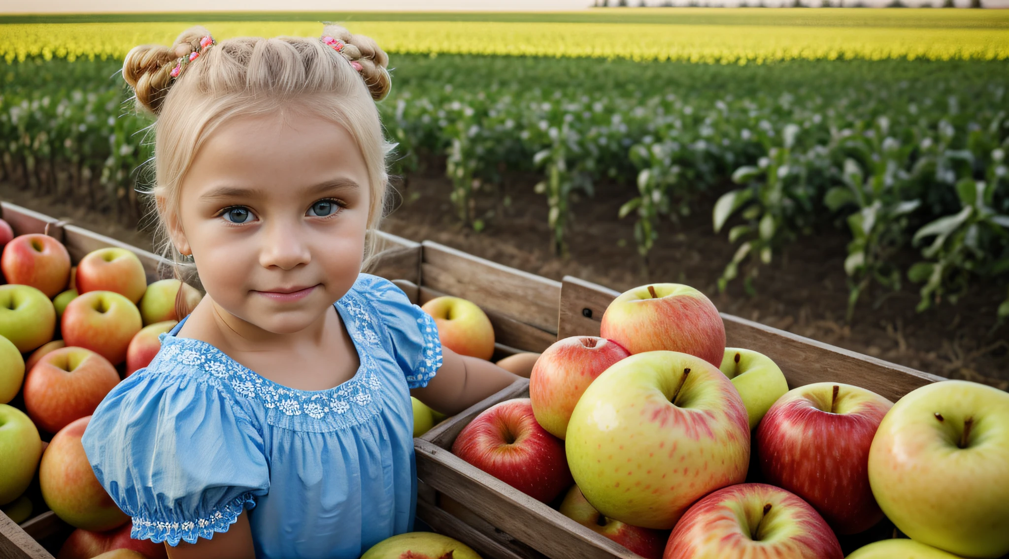 na frente de uma luz azul, BEAUTIFUL RUSSIAN GIRL CHILD BLONDE HAIR bun, olhos brilhantes, olhos perfeitos, 10 anos. on an agricultural farm surface, with farm animals and apples and oranges.