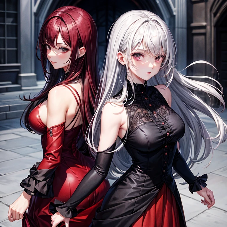 Dark red hair, black dress, silver hair in manga style