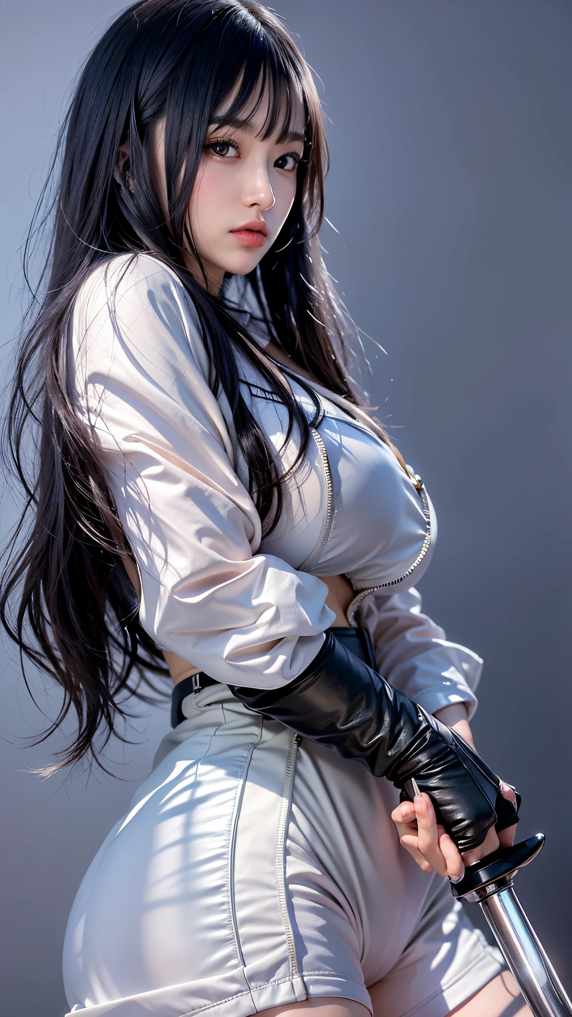 1 beautiful young girl, Super beautiful detailed face、 Symmetrical black eyes),  hime cut hair, (Fine face:1.2), High quality, Realistic, Highly detailed CG unified 8K dendenden wallpaper, Highly detailed, High-definition raw color photos, Professional Photography, Realistic portrait, Cinematic Light, Beautiful detailed, Super Detail, high details,  depth of fields, semi long hair、(thighs thighs thighs thighs、beauty legs)、Bare legs、 Super beautiful detailed face, (KPOP Idol Face),(Best Quality, 4K, 8K, hight resolution, masutepiece:1.2), Ultra-detailed, (Realistic, Photorealistic, Photorealsitic:1.37), (Beautiful detailed eyes, Beautiful detailed lips, extremely detailed eye and face),   (Big Tits, ultra gigantic tits,  Glamorous body), ((Black leather clothing、Black leather long coat)),(Long black straight hair, Shiny hair, Shiny skin), (Holding a weapon in your hands)、((Sharp eyes))、(midnight cyberpunk city)、(pointing weapon at the viewer)、(Midnight City)、Midnight City、leather thimble gloves、Dark、(Holding a sword)、(assassin clothes)