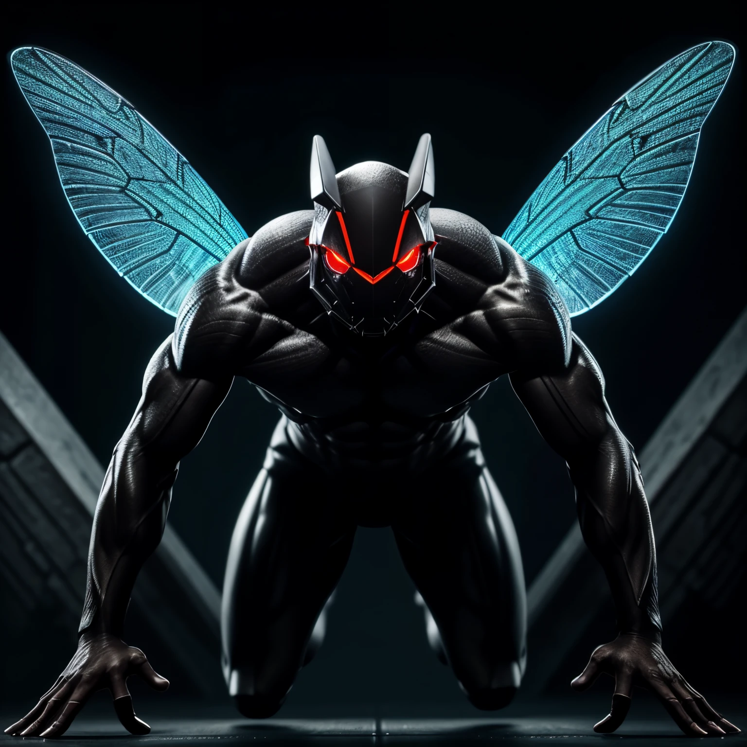 The upper body is a moth、I want to generate an image of a creature whose lower body is human... Creature must have glowing red eyes Must have glowing red eyes. The image has、The eyes should be glowing red.. The image is、Must be a realistic shooting style with sharp focus and detailed lighting from the front。. Please create an image with this specification.  --ar1:1--V 5.1