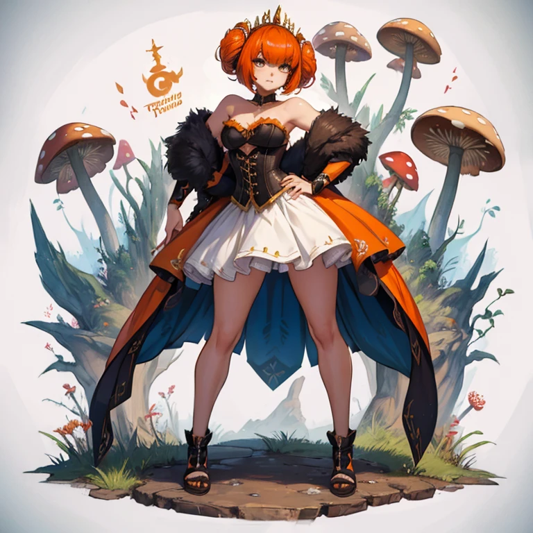 Woman, mushroom head, fairy tale character, full body standing pose, 16 year old, white and orange, white corset, character design, white background, strapless, full body.