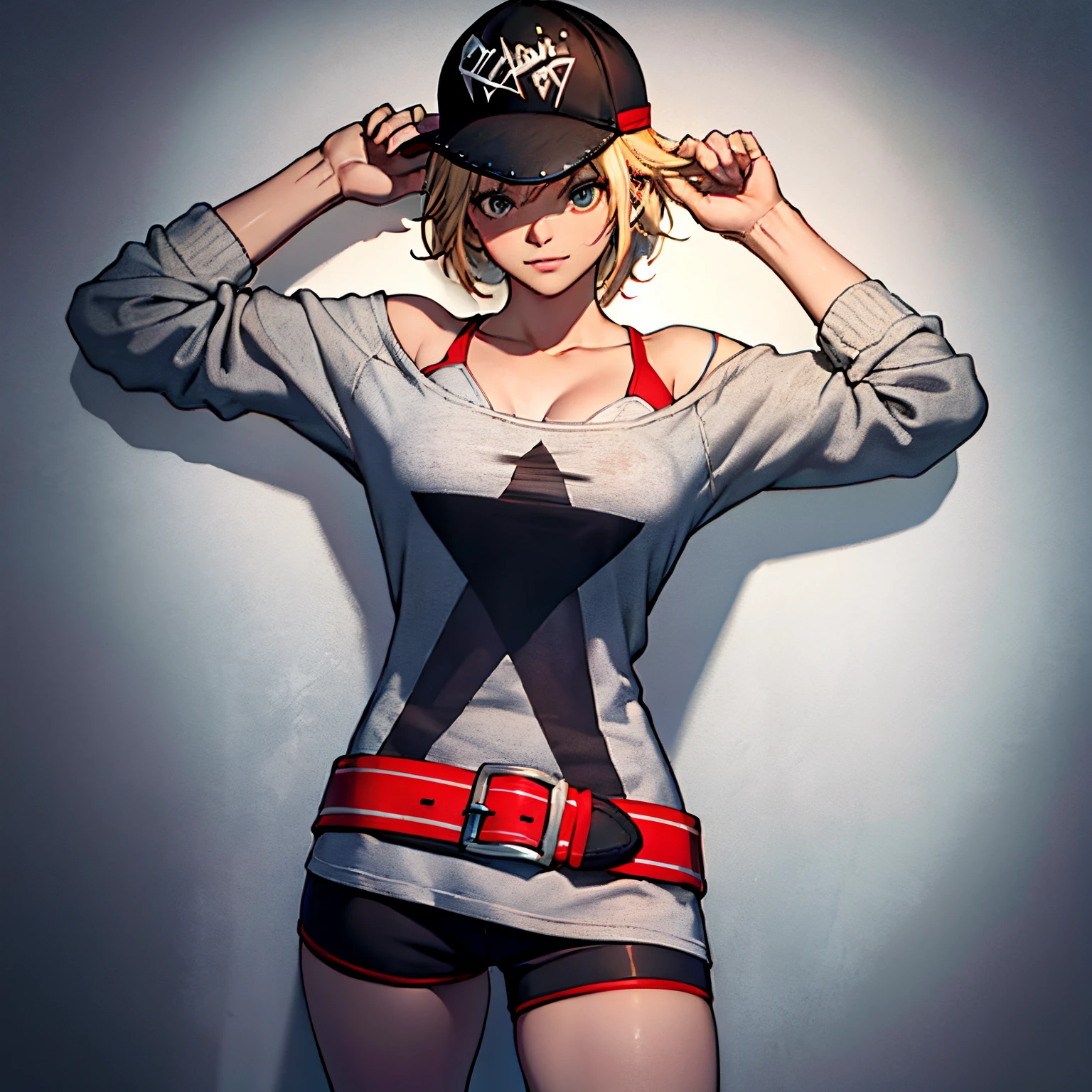 (master part, melhor qualidade, high resolution, Unity 8k papel de parede, CG extremamente detalhado:1), (illustration:1.0), 1girl, Alicems , kalap, baseball cap, fora do ombro, clivagem, belt, sbikini, shorts , camisa, pose de luta, pose de batalha