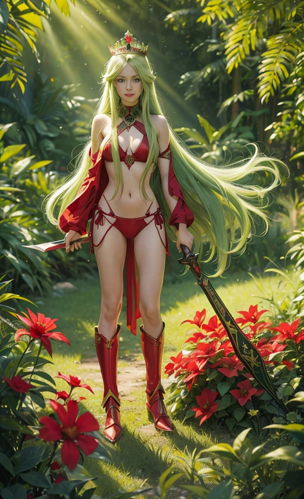 green long hair，Nice face，Red bikini armor，，the emperor，crown heterochromatic pupil，ssmile，rays of sunshine，fully body photo，the soft light，The stands up，dream-state