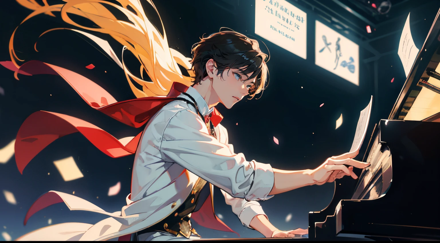a boy, Stylish, piano and Dancing, I want to be alone, I want someone to be by my side, I want you, But it&#39;s already too late, humans are selfish creatures, if you can get something, you lose something, But I can&#39;t get back what I lost. Because there is none