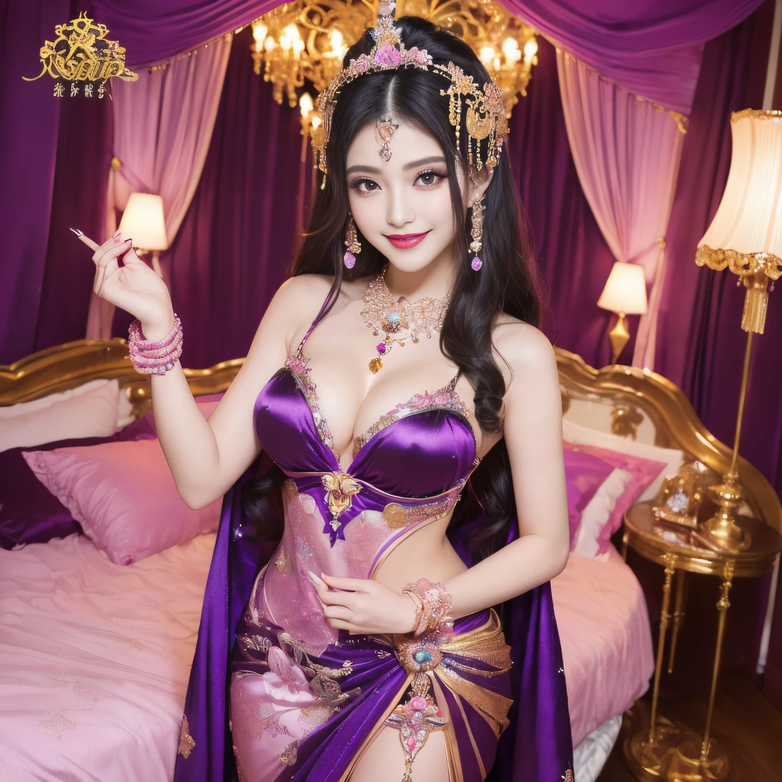 ((top-quality、masutepiece、8K、Top image quality、Highly complex and detailed depictions))、(The most gorgeous Japanese prostitute goddess:1.1)、((The most gorgeous prostitute goddess huge costume、the most vivid and luxurious costumes、big long costume、An unimaginably luxurious goddess bedroom、purple and pink gems、(purple and pink goddess bedroom:1.3)、A glittering room decorated with jewels、mid night、Very complex decoration、very clear goddess bedroom))、(View me、Bewitching smile、Perfect makeup、long eyelashes、lipsticks、Pink eyeshadows、perfect anatomia、Biggest smile)