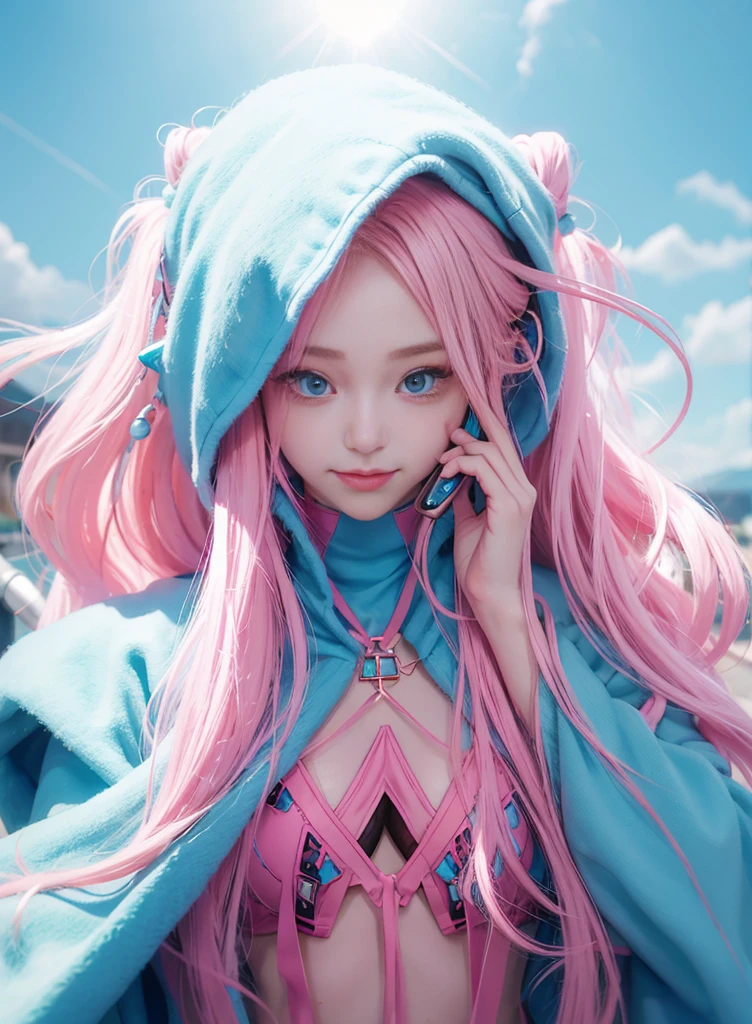 Pink Long Hair,Nice face,Blue suspender bikini,Heterochromatic pupil,ssmile,apathy,比基尼,fully body photo,the soft light,Earphone