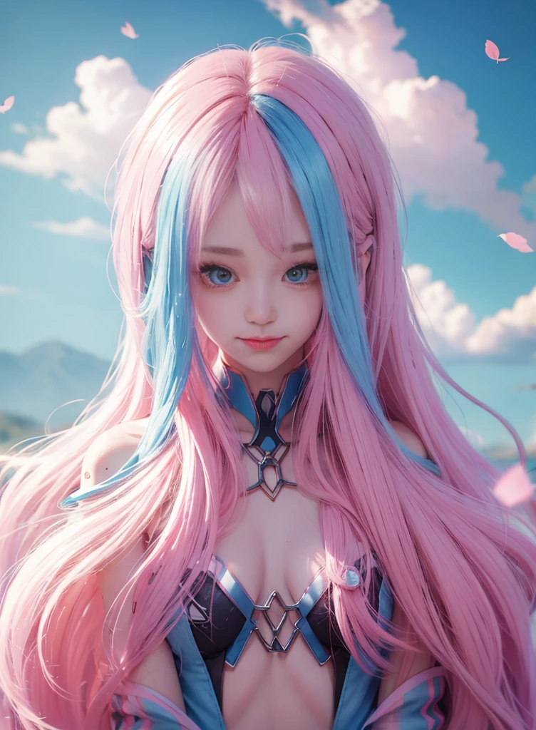 Pink Long Hair,Nice face,Blue suspender bikini,Heterochromatic pupil,ssmile,apathy,比基尼,fully body photo,the soft light,Earphone