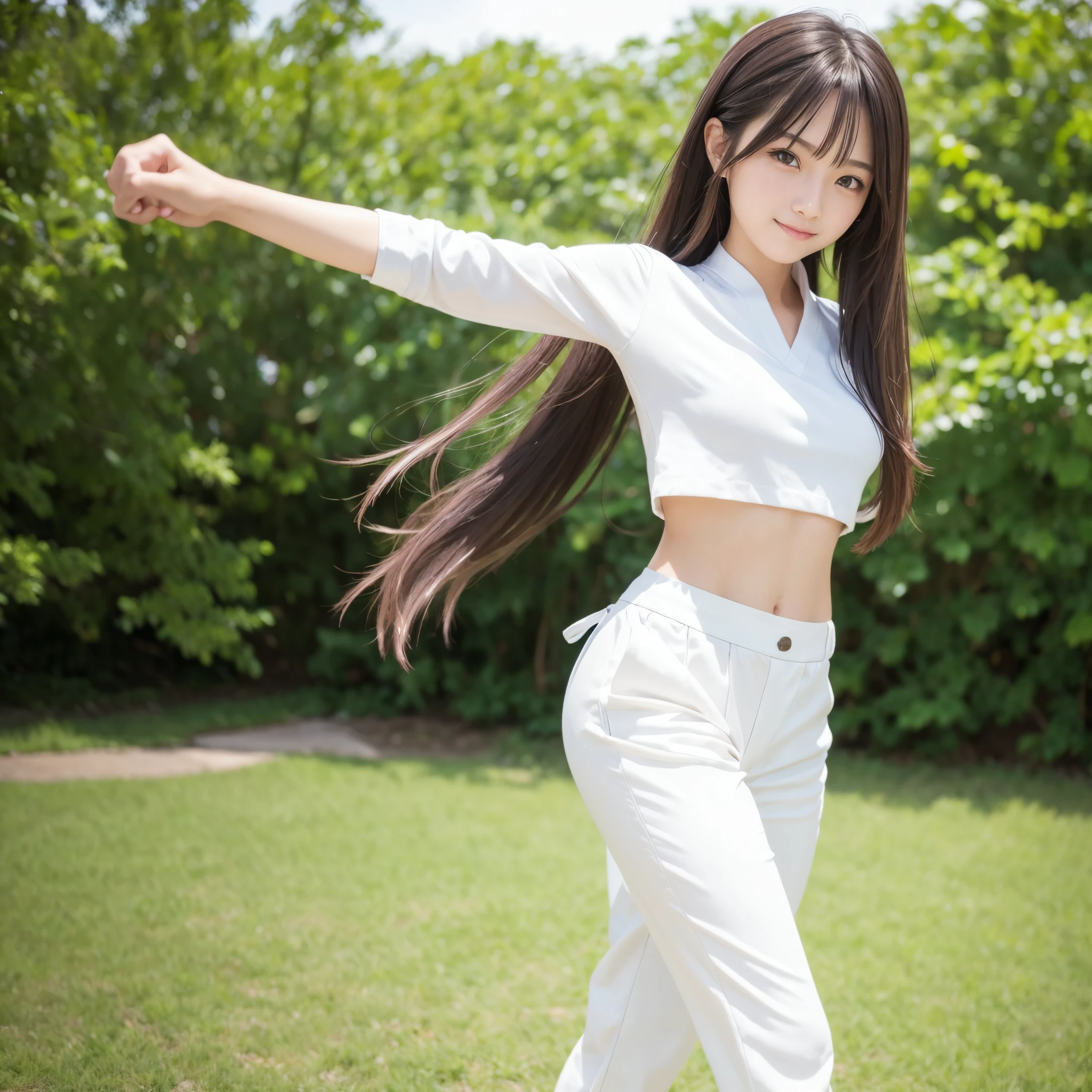 (Photorealsitic)(sixteen years old), Pretty Woman, (Full body 8K portrait), 1 girl in, White Karate Uniform, White karate pants, Large bust,Stand alone, Large and dynamic hand and foot movements, Stick out your fist, Make a high side kick, Correct skeleton, Perfect facial detail, (Smile: 1.15), attractive beautiful face, gazing at viewer, a small face, 二重まぶた, Beautiful detailed eyes, long eyeslashes, ligh brown hair, poneyTail, Toned waist, Beautiful thin legs, toned ankles, bare-legged ,TOKYOcty, the background is green, no nsfw