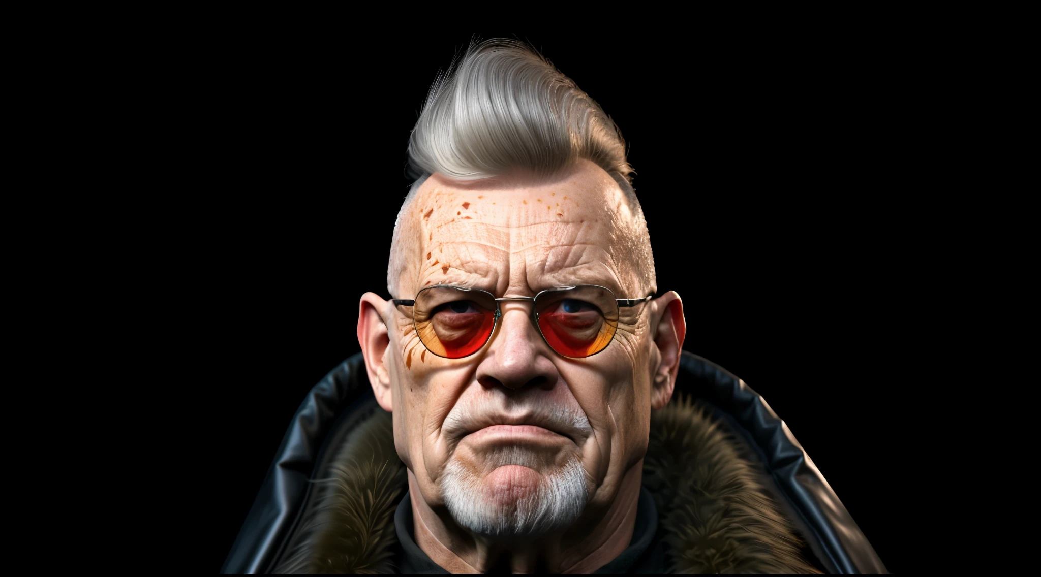 Realistic a close up of a (old man) with a “beard and sunglasses”, sfm render, cyberpunk old man, from half-life 2, donald trump as baron harkonnen, inspired by Karl Kopinski, 3d render senior artist, portrait of hide the pain harold, rendered in sfm, character portrait closeup, heavy looking, walter white in team fortress 2, character portrait hyper-realistic