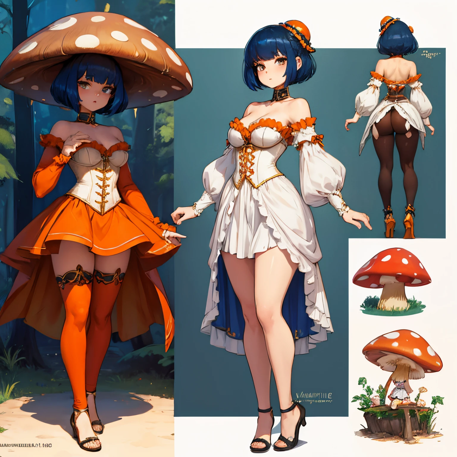 Woman, mushroom head, fairy tale character, full body standing pose, 16 year old, white and orange, white corset, character design, white background, strapless, full body.