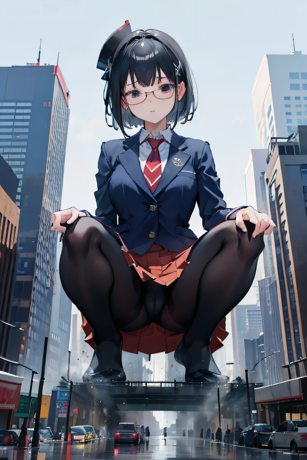 giantess art, a hyperrealistic schoolgirl, , highly detailed giantess shot, der riese, Shorthair, Black pantyhose, Giant high school girl much bigger than a skyscraper。Wearing rimless glasses。Colossal tits。Navy blue blazer、Red tie、Mini Length Skirt、Black pantyhose、Pantyhose sole、Pantyhose Toe、I'm not wearing shoes.。very small metropolis。miniature metropolis。In a miniature metropolis just a few feet tall.、squatting and urinating。tsunami of urine。Small trains and cars are washed away with urine.。Full body depiction。der riese, Black pantyhose, Pantyhose legs, Pantyhose feet, ,Stomping City,crash city,Small town,micro city, Peeing,