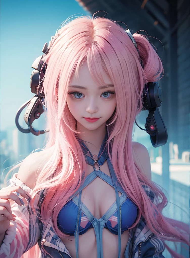 Pink Long Hair，Nice face，Blue suspender bikini，Heterochromatic pupil，ssmile，apathy，比基尼，fully body photo，the soft light，Earphone