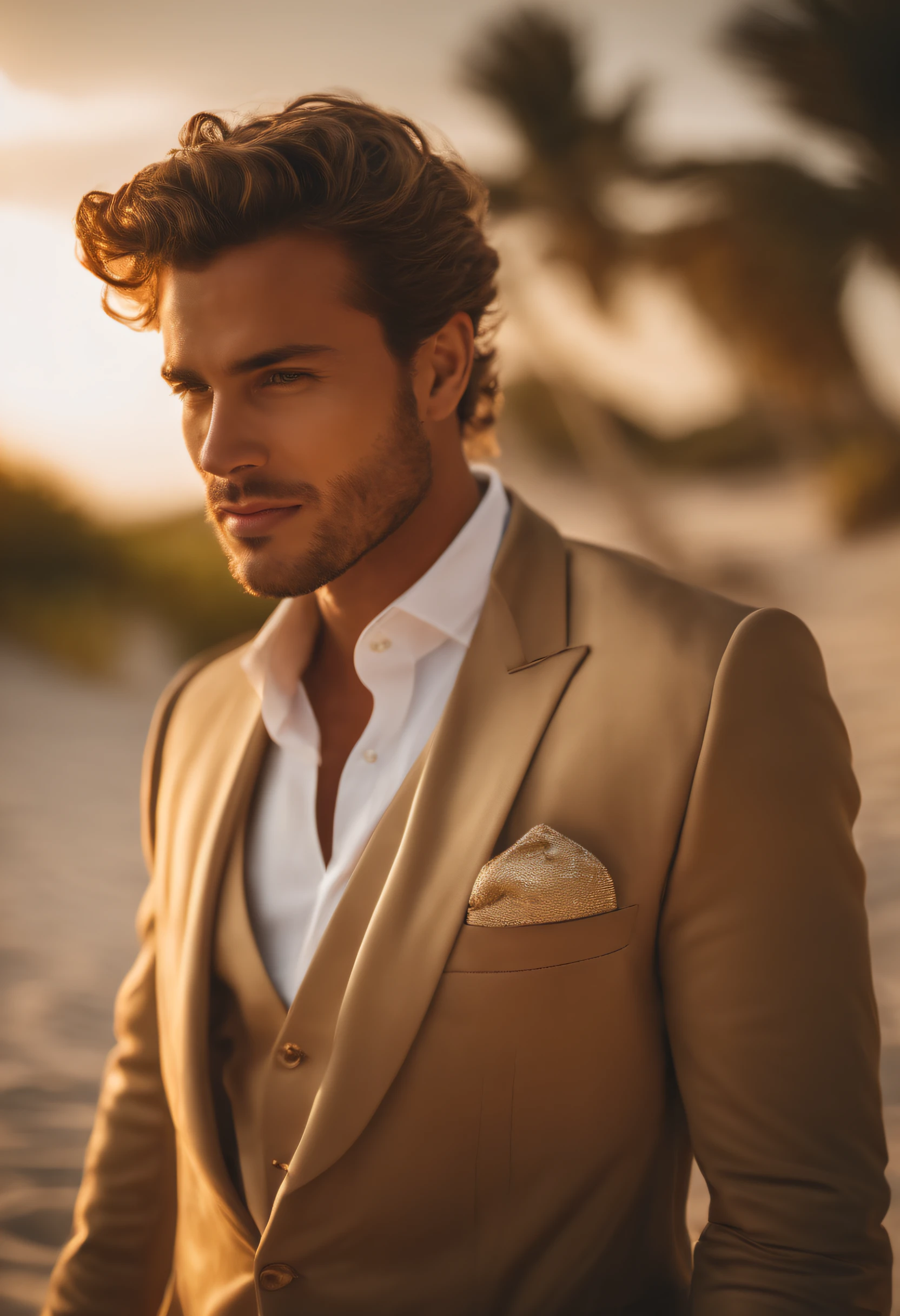 photo of a stunning handsome Brazilian wedding groom, wearing tux, honey eyes, short messy windy light brown hair, flipping hair, happy expression, closeup zoomed in tight crop portrait, walking down a (paradisiacal beach scene:1.2) (beach slippers in his hand:1.3) (Lighting-Gold:1.2) foreground objects background details (masterpiece:1.2) (photorealistic:1.2) (bokeh:1.2) (best quality) (color grading) (detailed skin:1.3) (intricate) (8k) (HDR) (cinematic lighting:1.3) (sharp focus), messy windy hair, full body,