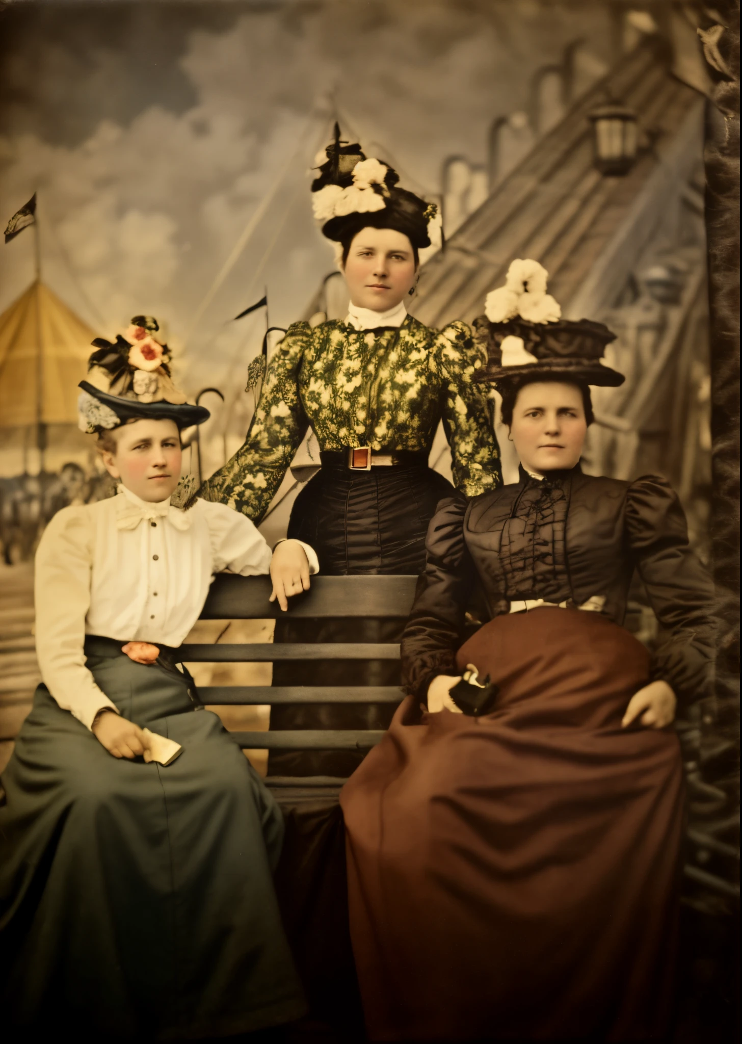 arafed photograph of a family sitting on a bench in a carnival, old color photograph, three women, victorian photograph, victorian photo, 1 8 8 0 s style, quirky 1 9 th century, portrait of women, vintage color photo, vintage photograph, old color photo, colorized photo, 1 8 9 0 photography, colorized photograph, a colorized photo, hand - tinted