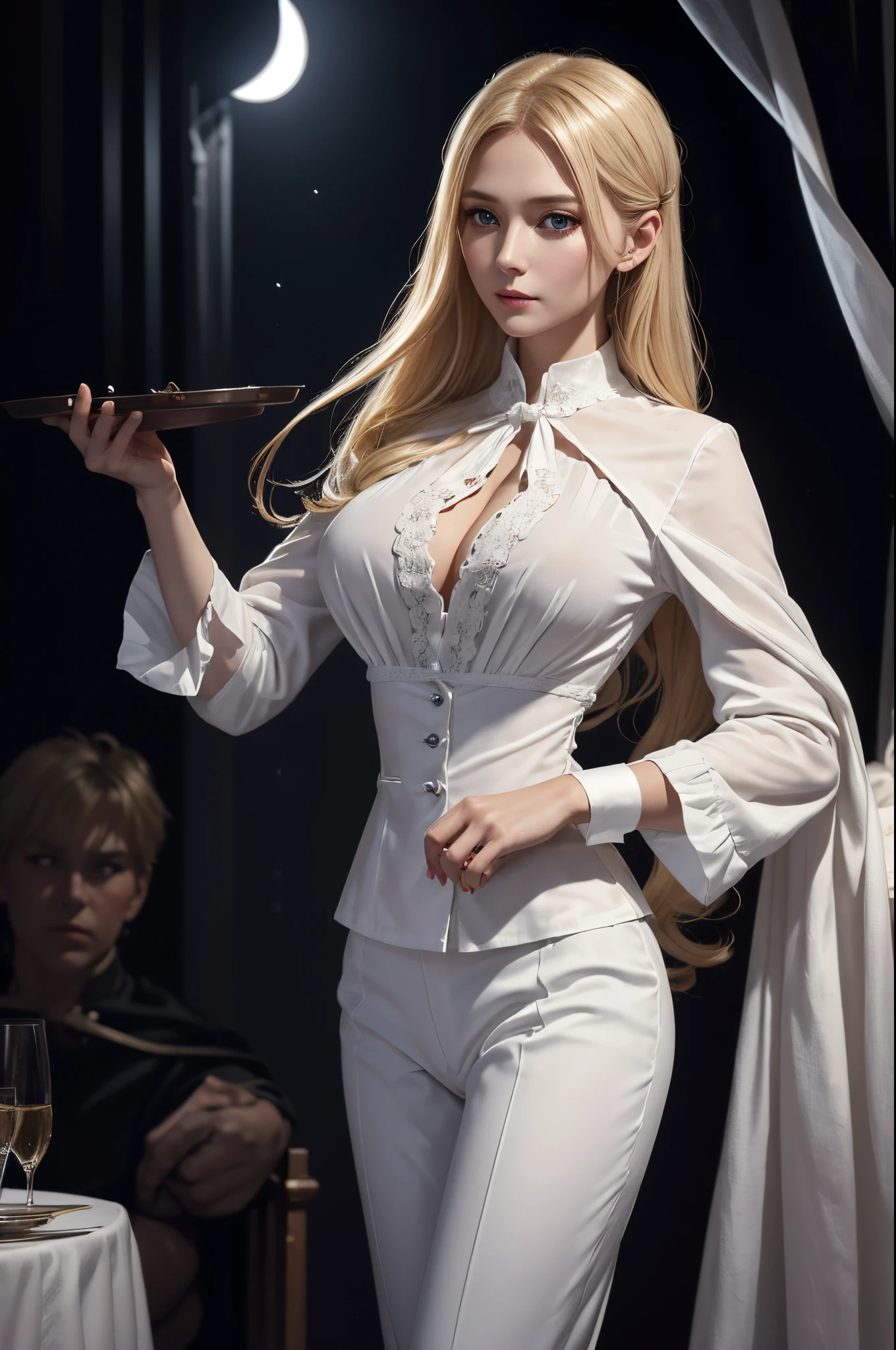 8K,a blond,Caucasian female butler wearing a white blouse(in the darkness nigth:1.6)、Super beautiful mature woman butler(Like the real thing),Blue eyes,real looking skin,Surreal Portrait of a Woman by David Hockney and Alphonse Mucha、Fantasyart、photorealisim、动态照明、art  stations、poster for、Volumetric lighting、extra detailed face、Award-winning、1girl、dark、deepshadow、lowkey、large full breasts,Red Pin Heels,curacter art,White suit pants,enticing,western female butler,A sexy,Sheer black underwear,