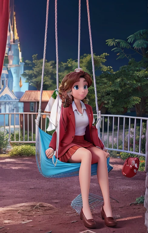 Disney picture of a woman sitting on a hammock and wearing a red blazer and a white polo and a red skirt with a nature background with clear Disney picture