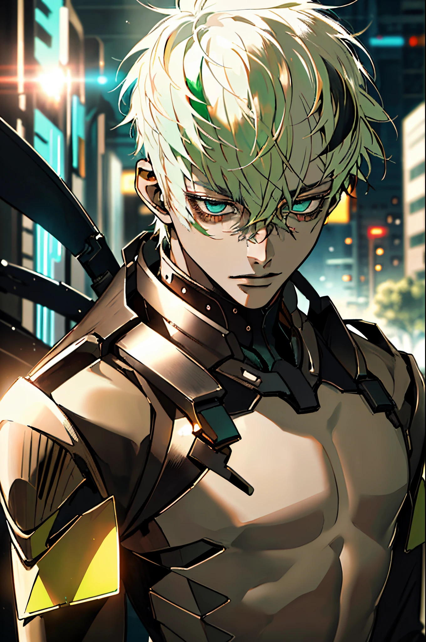 {{top-quality,masterpiece,8k wallpaper}},top-quality,Ultra-detailed CG Unity,Particle,Cinematographic lighting,lensflare,((1 ager)),a handsome,youthfulness,a 20-year-old boy,slender,Looking at the camera,low angles,Condescending look,Mocking face,offensive,.close up of face,{{Sunburned skin,Brown skin,Brown-skinned,Arab}},sharp gaze,Delicate eyes,Green eyes,Eyes glow,cyberpunked,cyberpunkcity,Street,platinum-blonde-hair,short-haired,hair messy,dark boy.