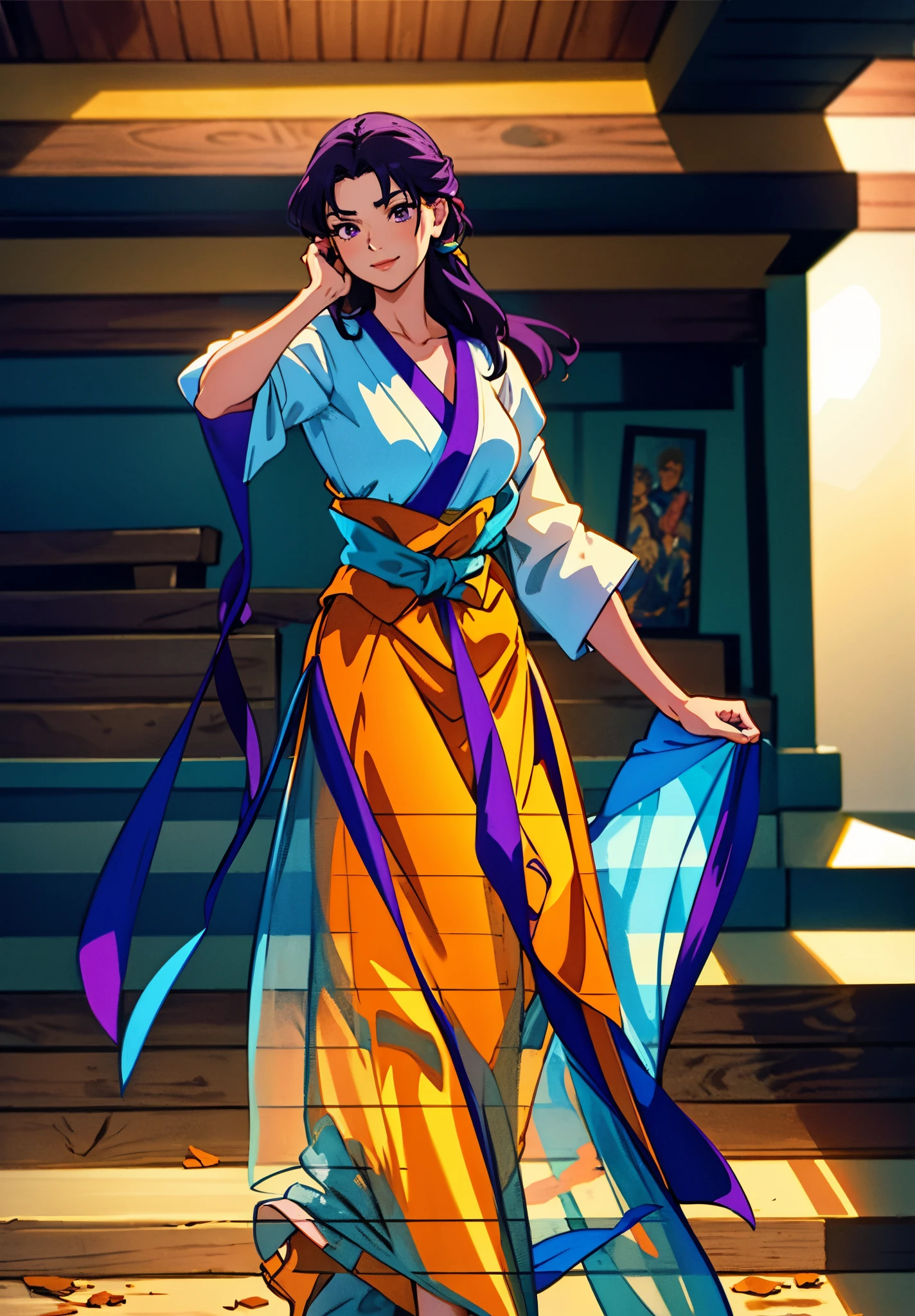 A mature woman, medium-length black-purple hair, curly bangs, sly eyes, a playful smile, an elegant and wise demeanor, a simple fantasy martial arts-style orange two-piece dress with a long skirt, wide sleeves, a flowing hem, Gracefully strolling in an ancient building towering among the mountains, this character embodies a finely crafted fantasy martial arts-style female warrior in anime style, exquisite and mature manga art style, high definition, best quality, highres, ultra-detailed, ultra-fine painting, extremely delicate, professional, anatomically correct, symmetrical face, extremely detailed eyes and face, high quality eyes, creativity, RAW photo, UHD, 8k, Natural light, cinematic lighting, masterpiece-anatomy-perfect, masterpiece:1.5