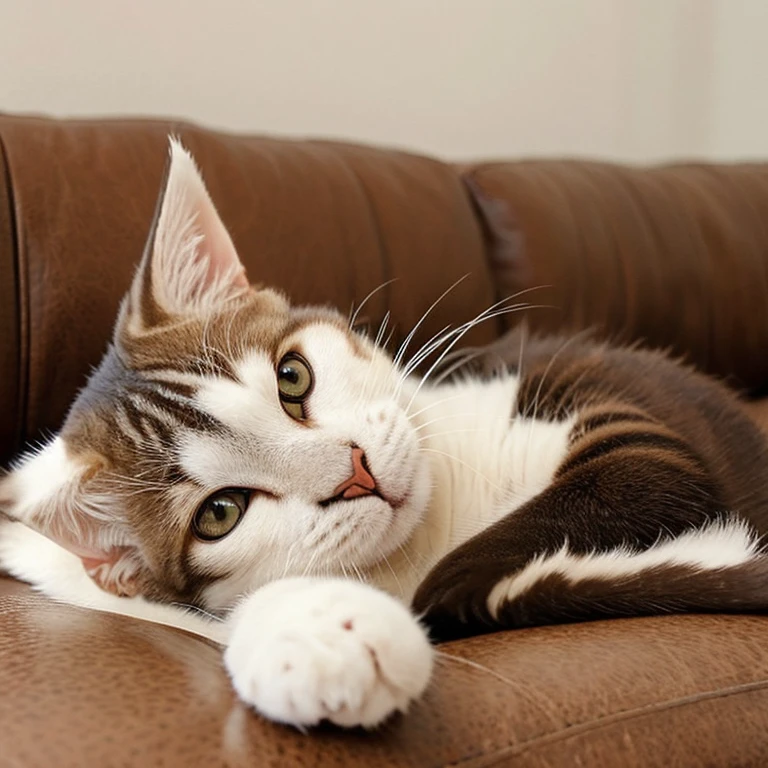 Japan cat、Kizitora、realisitic、eyes are brown、ears are slightly larger、I was waiting for my wife.、on the white sofa、While curling up、turned around、Looks happy