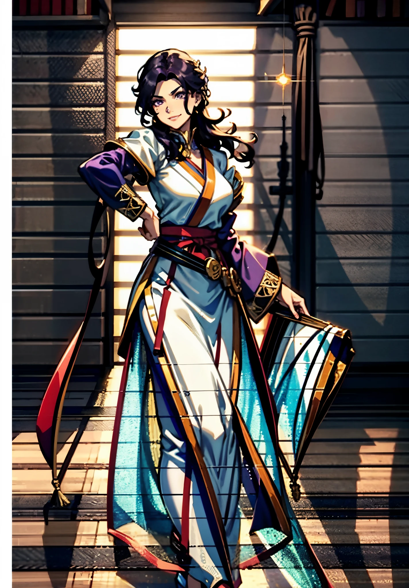 A mature woman, medium-length black-purple hair, curly bangs, sly eyes, a playful smile, an elegant and wise demeanor, a simple fantasy martial arts-style orange two-piece dress with a long skirt, wide sleeves, a flowing hem, Gracefully strolling in an ancient building towering among the mountains, this character embodies a finely crafted fantasy martial arts-style female warrior in anime style, exquisite and mature manga art style, high definition, best quality, highres, ultra-detailed, ultra-fine painting, extremely delicate, professional, anatomically correct, symmetrical face, extremely detailed eyes and face, high quality eyes, creativity, RAW photo, UHD, 8k, Natural light, cinematic lighting, masterpiece-anatomy-perfect, masterpiece:1.5