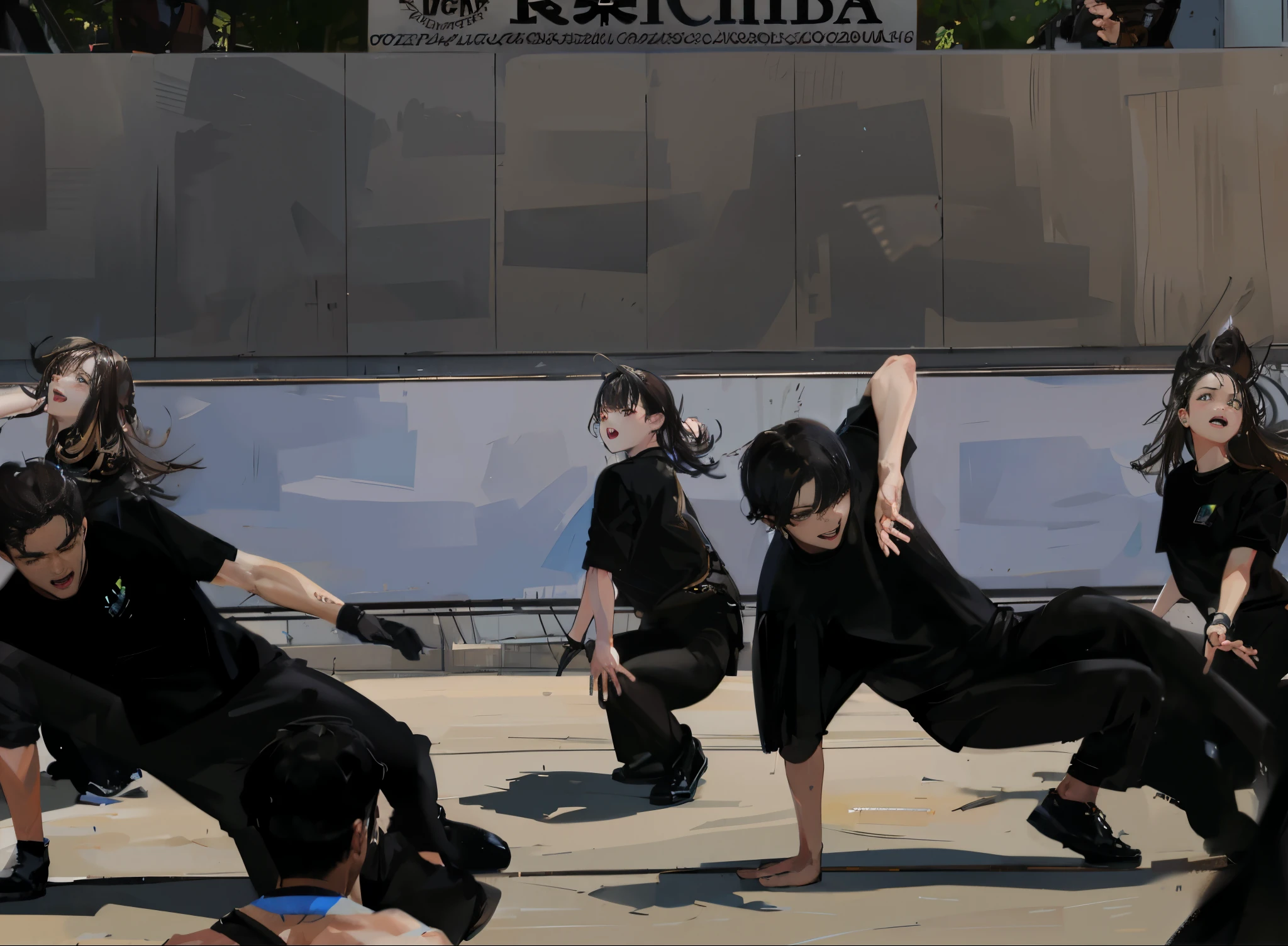 A dancer wearing a black shirt and black pants is performing on stage, Men's and Women's Break Dance. (Best Quality, 4K, 8K, hight resolution, masutepiece:1.2)(Scene description).