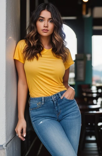 Photographed by photographer 1.4), (full-length portrait: 1.4), 24-year-old woman, sitting in an ice cream shop, round BumBum, looking at the scenery with an ice cream in her hand RAW uhd portrait photo, big natural breast_B, ice cream shop background in Belo Horizonte, Minas Gerais, Brazil (yellow shirt and jeans), (slit), detailed (texture!, hair!, shine, color!!, flaws: 1.1), highly detailed glowing eyes, (looking at the camera) , specular light, DSLR, extreme quality, sharp focus, sharp, DOF, film grain, (centered), Fujifilm XT3, crystal clear, pretty face, sharp focus, Bokeh, (dark light), discreet, night, (night sky) detailed skin pores, complex eye details