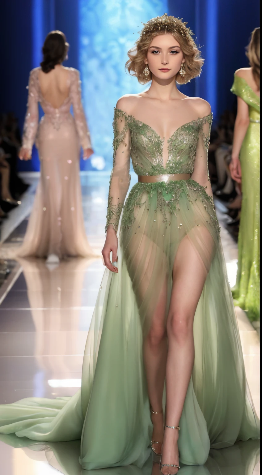 La robe Elie Saab en mousseline verte pomme , rehaussée dentelle and sequins, qui a illuminé le défilé haute couture printemps-été 20223. This robe is one of the most beautiful of the Mediterranean, and the femininity of the oriental femme. It was realized by Elie Saab, The famous creator of Lebanon, qui habille les stars du monde entier.