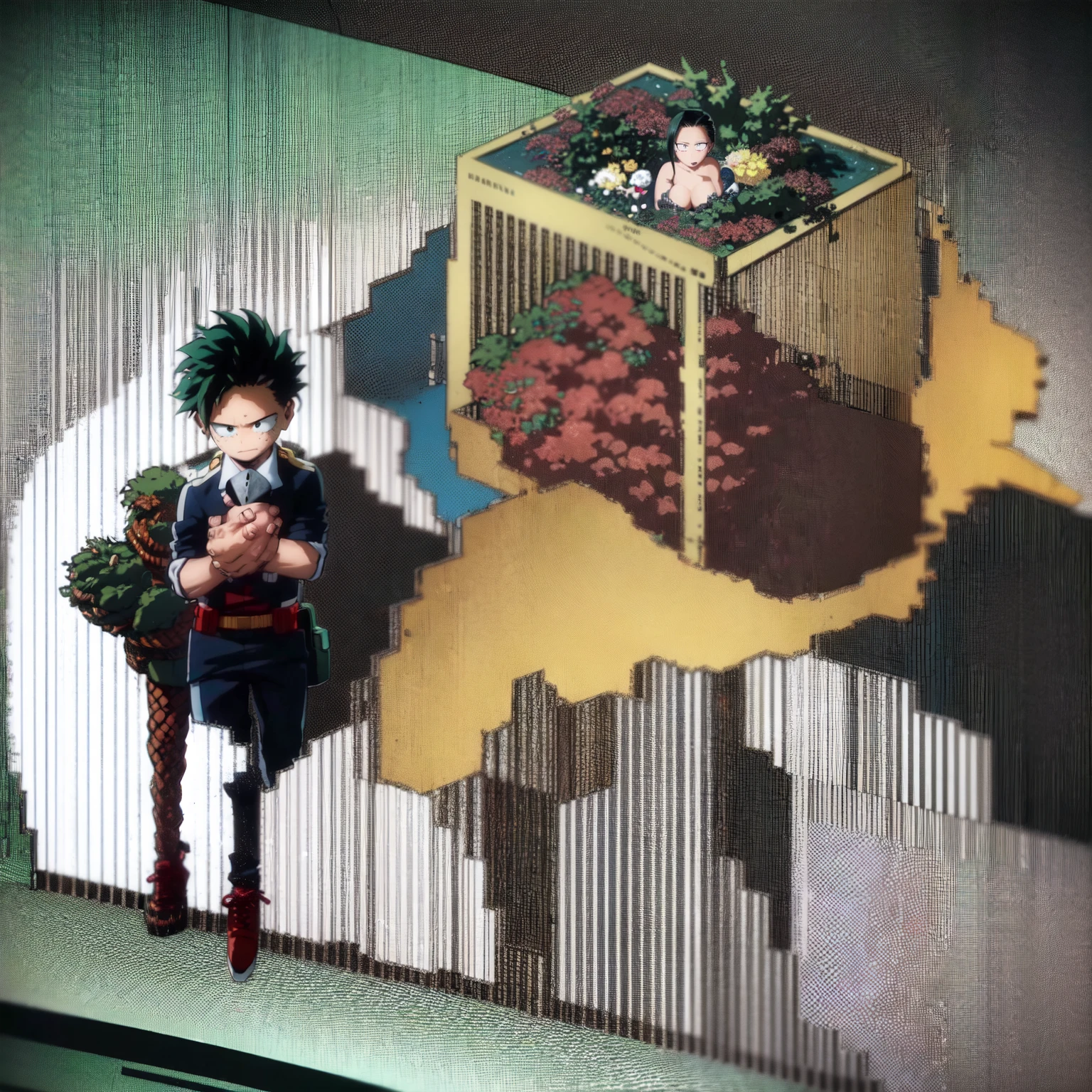 YaomomoXizuku midoriya (author kohei horikoshi) ,height,(yaomomo height 173cm),(yaomomo age 15 years),(yaomomo onyx eyes),(izuku midoriya short green hair),(izuku midoriya height 1.66 cm)(izuku midoriya green eye color),( freckles on the cheeks),(izuku midoriya age 16 years),(Yaomomo wearing a red Christmas style dress clinging to Izuku Midoriya's arm),(izuku midoriya wearing black suit with black grace black dress pants izuku midoriya with yaomomo clinging to his arm),(yaomomo beautiful and young girl),(izuku midoriya young teenager),anime my hero academia,(in the style of the manga my hero academia)