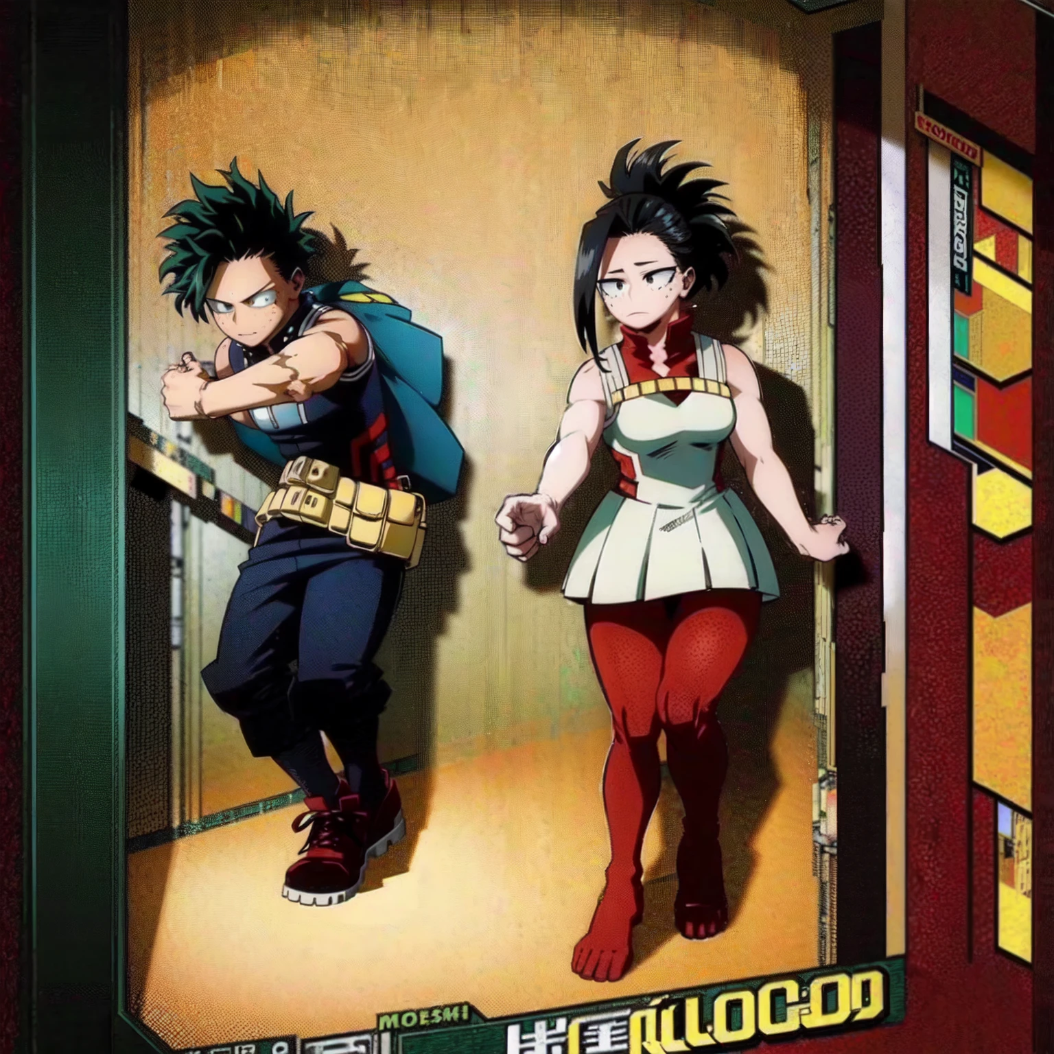 YaomomoXizuku midoriya (author kohei horikoshi) ,height,(yaomomo height 173cm),(yaomomo age 15 years),(yaomomo onyx eyes),(izuku midoriya short green hair),(izuku midoriya height 1.66 cm)(izuku midoriya green eye color),( freckles on the cheeks),(izuku midoriya age 16 years),(Yaomomo wearing a red Christmas style dress clinging to Izuku Midoriya&#39;s arm),(izuku midoriya wearing black suit with black grace black dress pants izuku midoriya with yaomomo clinging to his arm),(yaomomo beautiful and young girl),(izuku midoriya young teenager),anime my hero academia,(in the style of the manga my hero academia)
