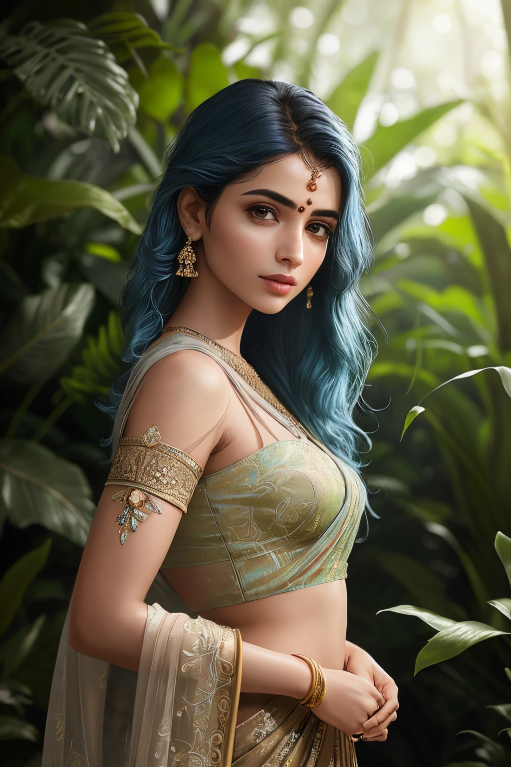 fashion photography portrait of indian girl with blue hair, in lush jungle with flowers, 3d render, cgi, symetrical, octane render, 35mm, bokeh, (intricate details:1.12), hdr, (intricate details, hyperdetailed:1.15), (natural skin texture, hyperrealism, soft light, sharp:1.2), detailed, sunlight passing through foliage, india,  a young and attractive woman with a slim and elegant figure