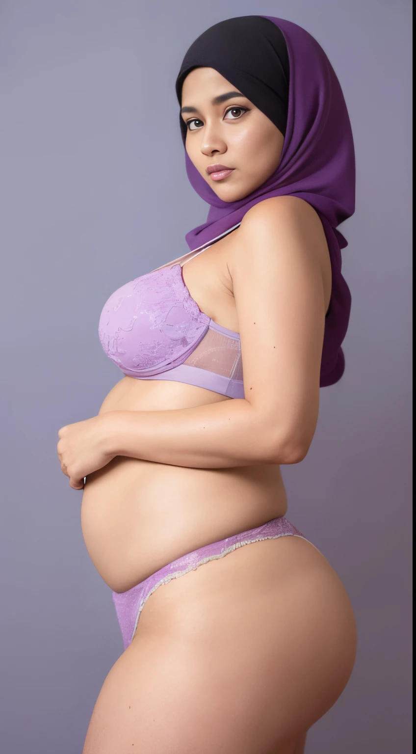 Vogue style side view photo shoot of malay 40 years old matured woman in hijab wear lace lilac bra and panties with pastel colored background in Wes Anderson style, detail skin texture, big sagging breast, dark tits, camel toe, saggy breast, big round ass, wide hips, thick thighs, beer belly, curvy, view from side, hyper - realistic photography, Wes Anderson style, full body, 8k, close - up shot, extreme close - up photo