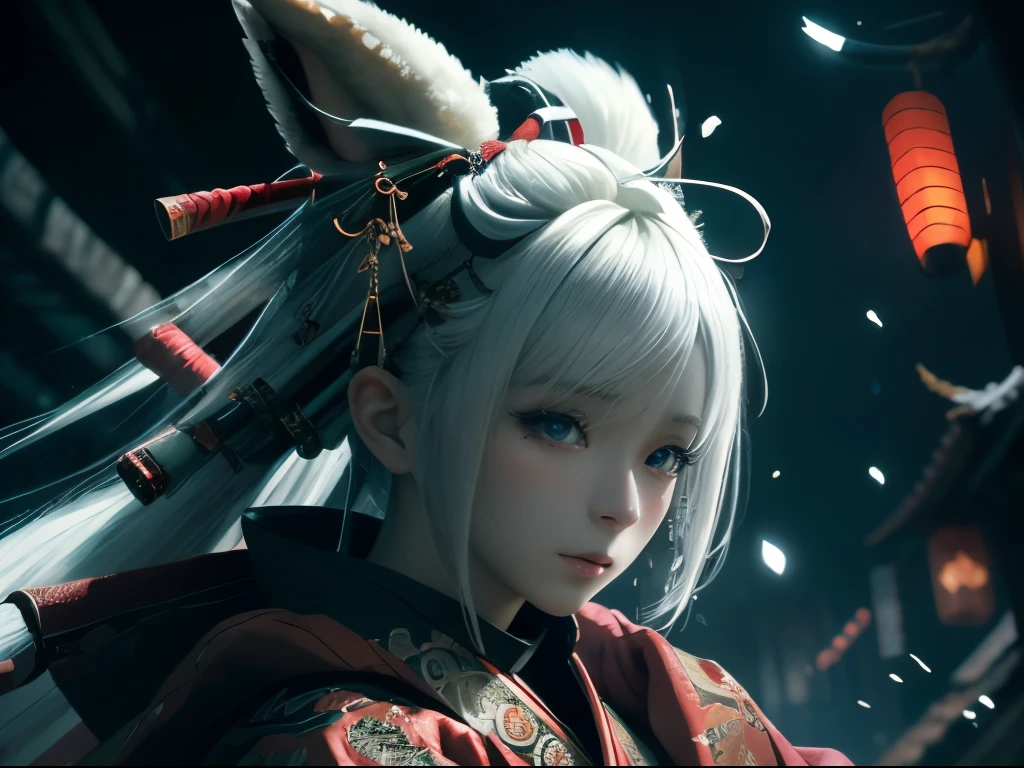 anime - style image of a short-white hair warrior woman, clothes only have white and black colour, samurai kimono, empty hand, white lotus, emotionless face, serial killer, a character portrait, fantasy art, character carrying a katana,  holding weapon, background is a winter japan mountain shrine, cyberpunk shrine maiden with fox ears and fox tails, dark white and bold red color, natural lighting, robot fox companions, fighting pose,​masterpiece, 1 beautiful girl, Detailed eye, Swollen eyes, top-quality, A high resolution, an asian beauty, very extremely beautiful, Beautiful skins, A slender, Forward-facing body, (A hyper-realistic), (high resolution), (4K), (highly detailed),( Best Illustration), (beautifully detailed eyes), (ultra-detailed), 详细的脸, Bright lighting, Professional Lighting, distance view, cry