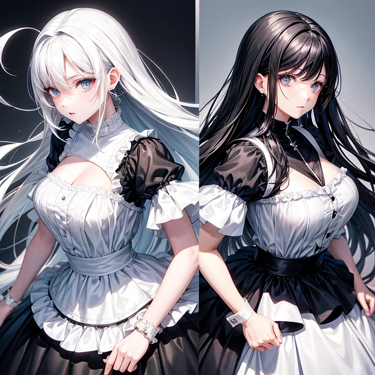 Black hair and white dress, white hair and black dress in manga style