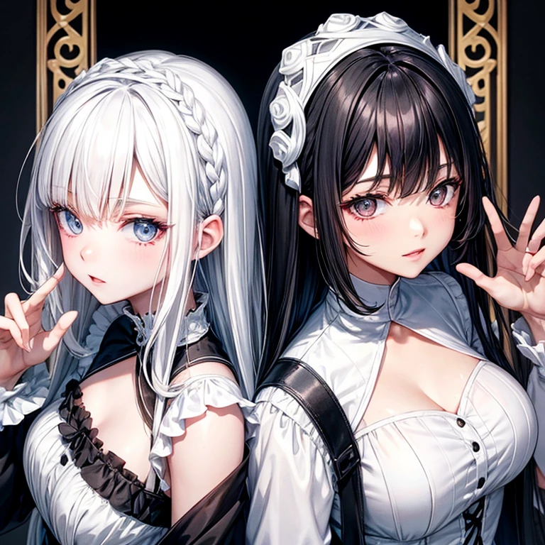 ((High quality)),masutepiece,(Detailed depiction of local details:1.2),1girl in,Blue eyes,Plump breasts,Enchanted Valley,Closed mouth,Eyelashes,Portrait,Solo,White hair,black theme,Short hair,Silver hair,Yorha No. 2 Type B,(((White hair and black hair)))、Full body view、((Two girls dressed similarly))((White wedding dress and black wedding dress))((Two people smiling))((Light skin and dark skin))(((Black Hair、Dark Skin、Woman in Black Dress)))((白と黒 thong))