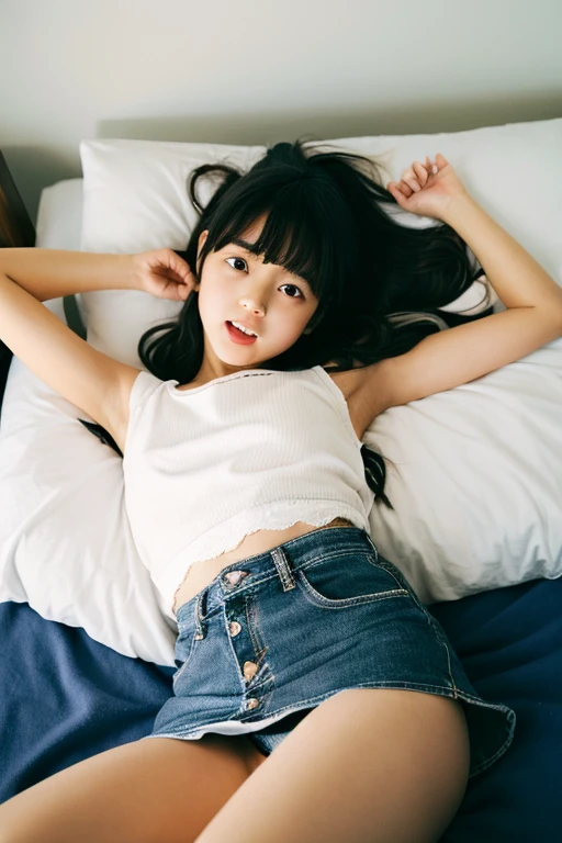 An ultra-high picture quality、Perfect Photo、 beautiful girl、Japan beautiful girl、middle schoned、slender、Black Haired Beautiful Girl、Beautuful Women、(Underdeveloped midthorax)、(tiny chest)、Lying on his back on the bed、Denim Mini Skirt、Raised mini skirt、Sauce order、(closed eye)、With bangs、(Resistance)、(terror)、(Shout loud)、(Big open mouth)、sports hair、Straight hair、(teats)、girl's own room、thighs thighs thighs thighs、(White panties are visible)、(I can see a little bit of underwear)、kne、