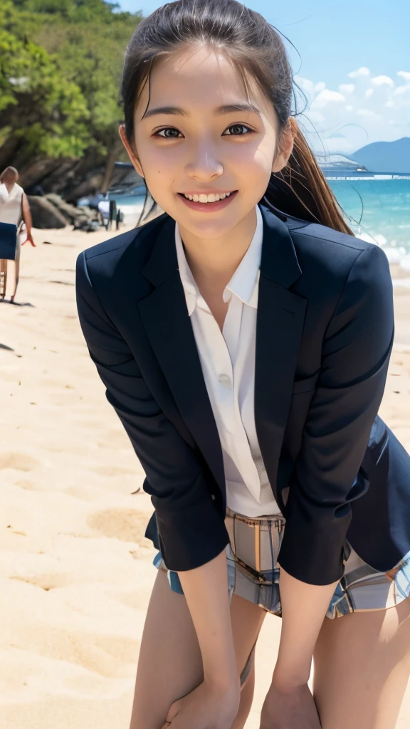 Unbelievably beautiful woman, (Have vaginal sex, insert it in your pussy:1.3), , Neat face, a baby face, H, Tie and skirt, pony tail hair, (Best Quality, 8K, masutepiece :1.3), Lovely smile, emotional, (gleaming skin, Shiny hair:1.4), Beach, masutepiece, Best Quality, (Ultra-detailed),