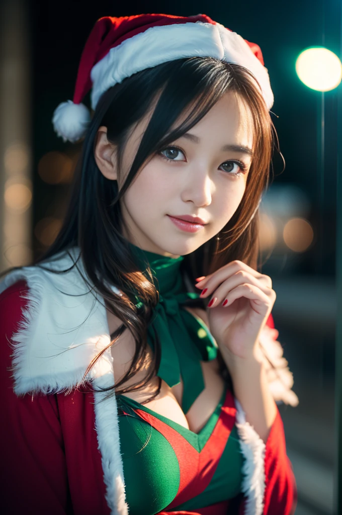 Heart shaped pupils, Cute eyes,(Dark light),(Night),((blue lights)),26 years old, japanaese girl, (Black hair), Wavy Hair, Short hair, ((eyes visible through hair)), (Small breasts), ((Plump full lip)), Cute Girl, Smile, ((Mature girl in Santa Claus costume:1.3, green and red dress, Hold the present box in both hands and give it to the viewer.:1.2, close to viewer:1.2, Sexual harassment:1.25)),(thin and bright pupils:1.2, Fine and beautiful eyes with highlights:1.3, ultradetailed eyes, high detailed face), ((Red coat)), (Ultra High Resolution, 8k RAW photo, Photographic Realistic, thin outline:1.3, Clear focus), best qualtiy, Cinematic lighting, textile shading, blurry backround, field of depth, Bokeh, (thin and bright pupils:1.2, Fine and beautiful eyes with highlights:1.3, ultradetailed eyes, high detailed face),